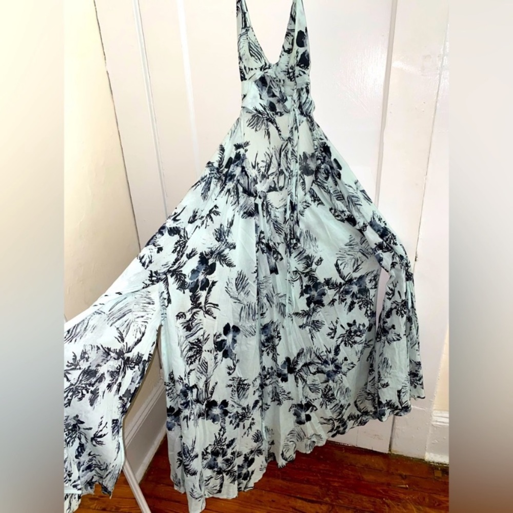 Free People aqua blue and black tropical print backless maxi dress